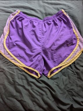 Nike Dri-Fit Women's Violet Athletic Shorts with Yellow Trim
